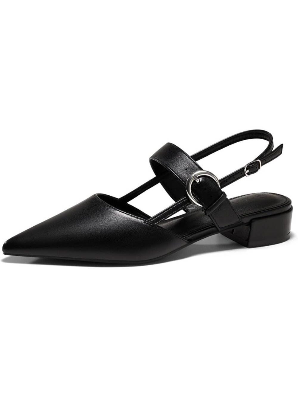 Women's Black Faux Leather Chunky Low Heels Pointed Closed Toe Ankle Strap Shoes